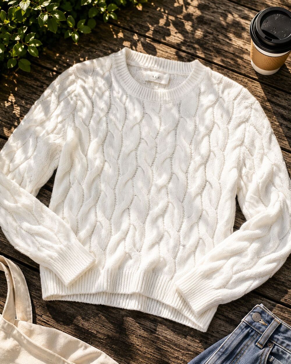 Pinque Cable Knit Fisherman Sweater Womens Large Ivory Crew Neck Preppy Cozy